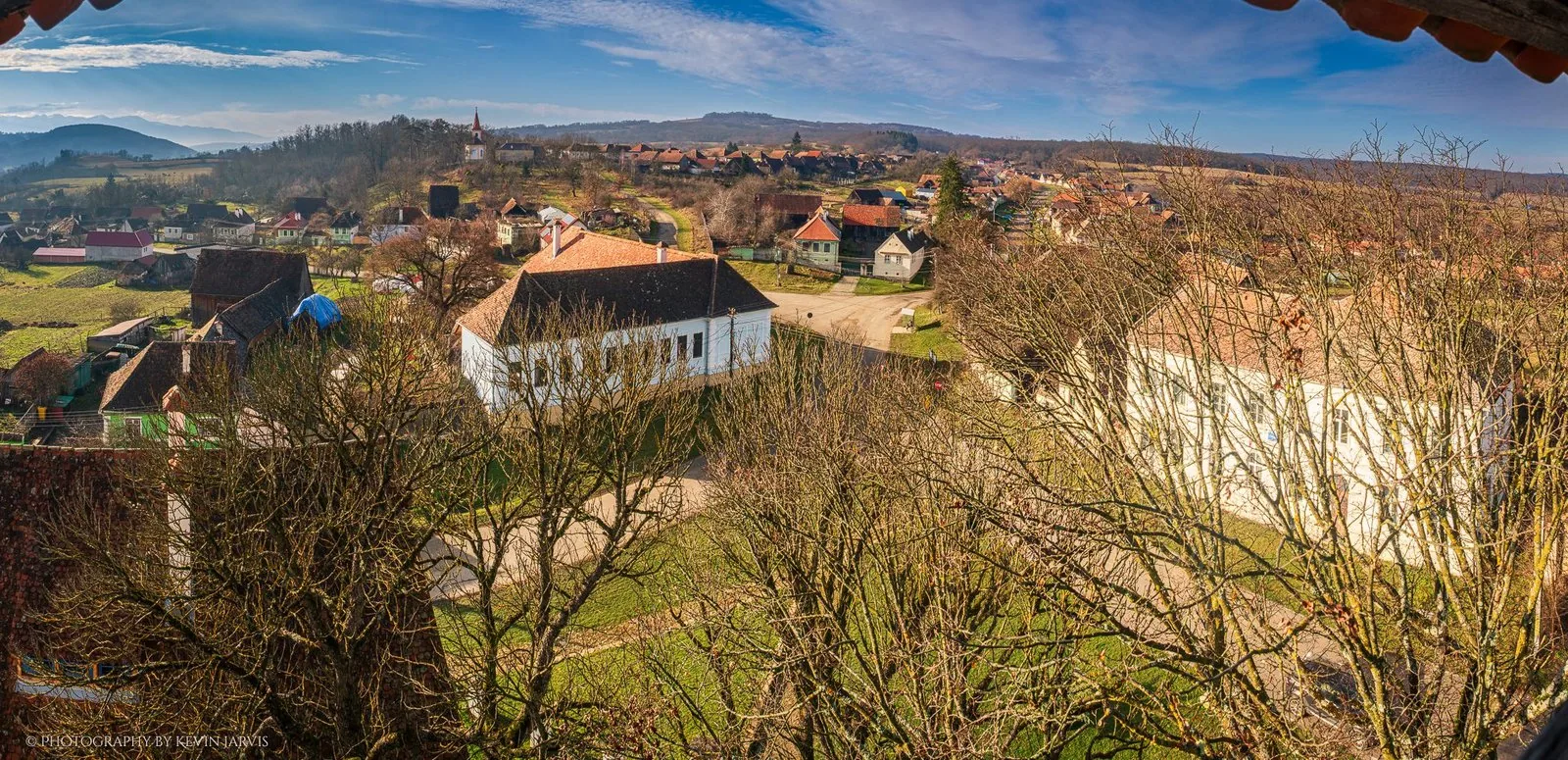 The village from the tower, the school's long roof among the trees.